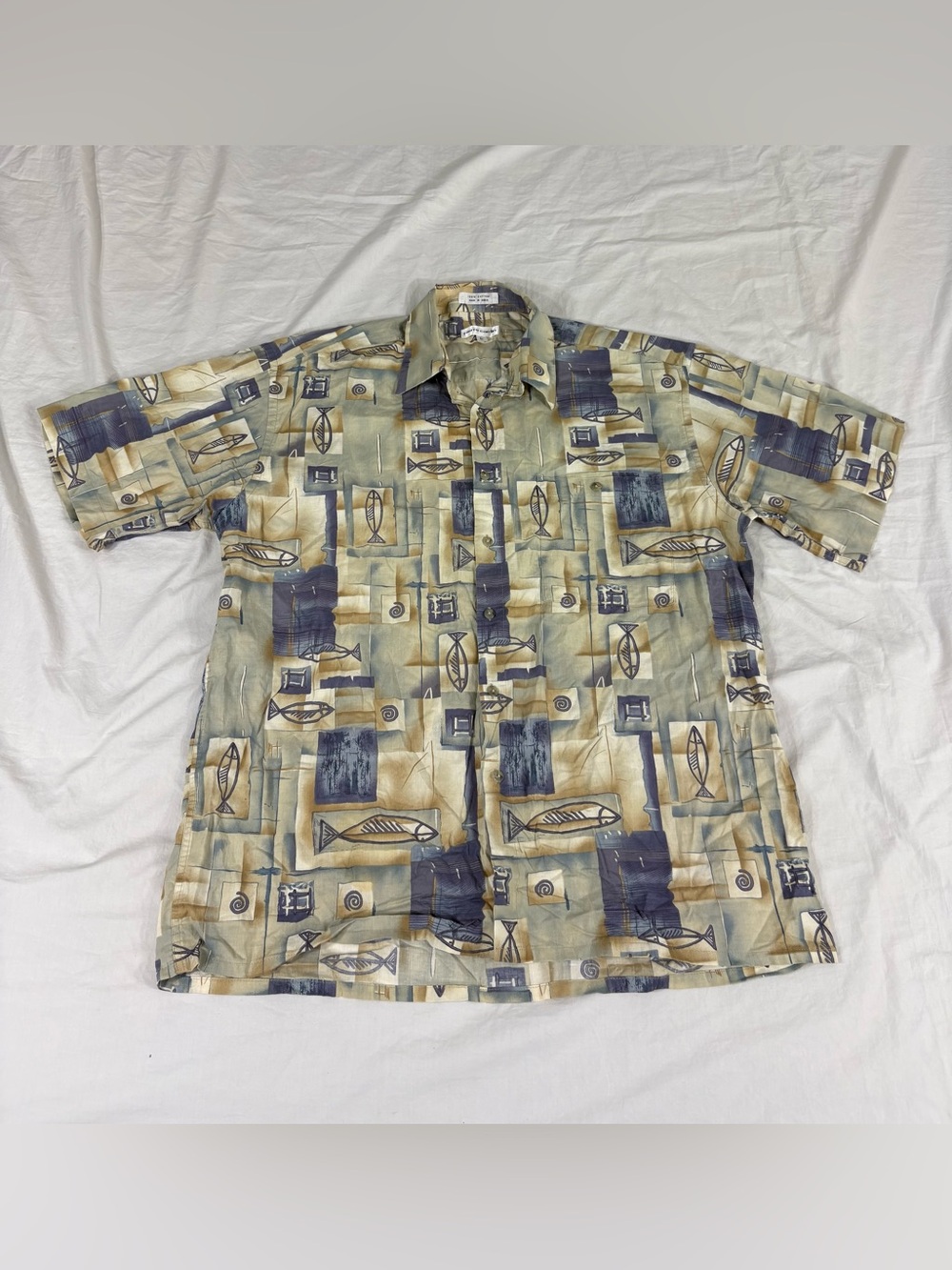 Pierre Cardin Mens Green Fish Overprint Hawaiian S/S Button Up Shirt L